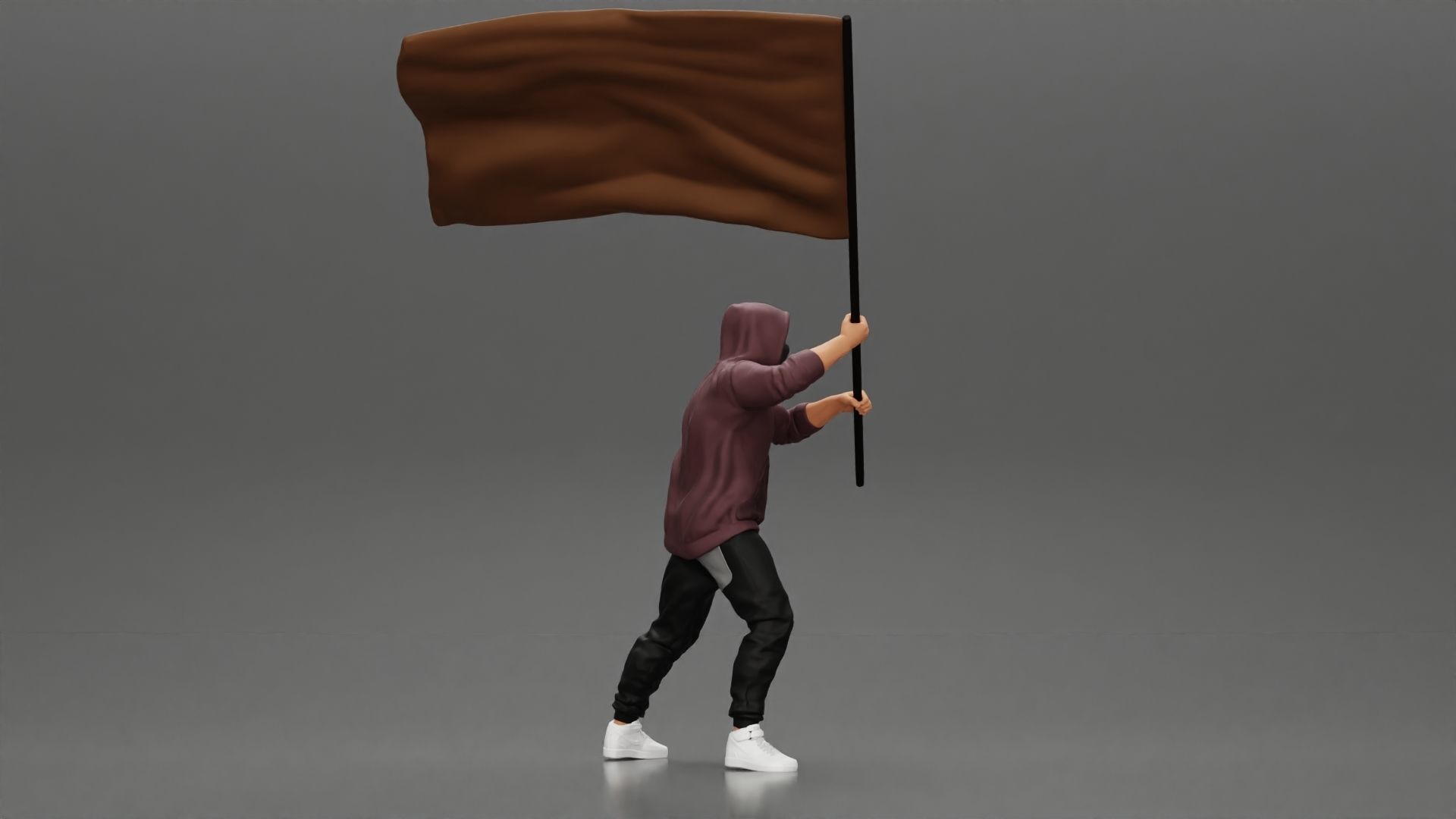 Man in hoodie and mask holding a big flag in support 3D print model_2