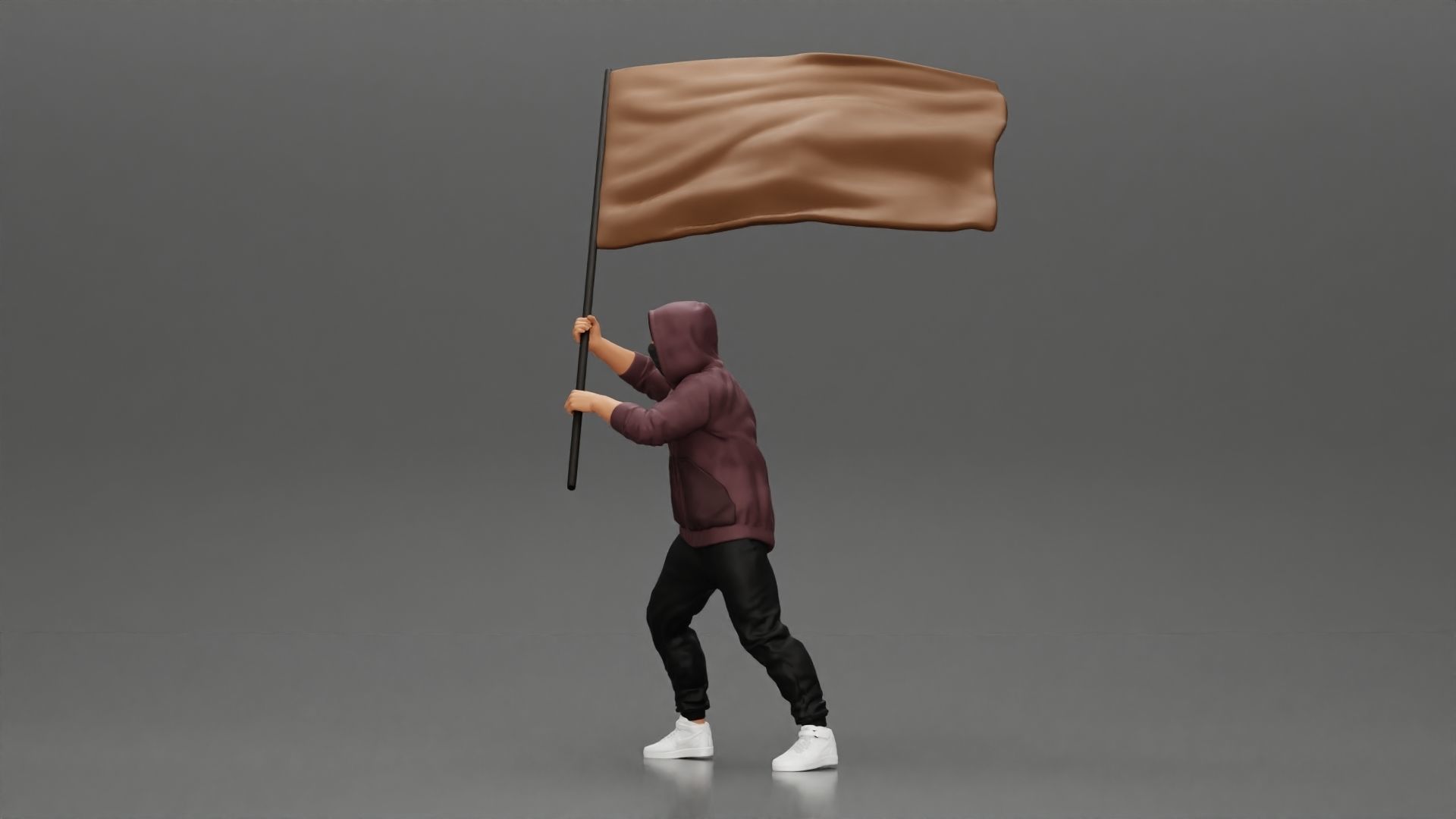Man in hoodie and mask holding a big flag in support 3D print model_5