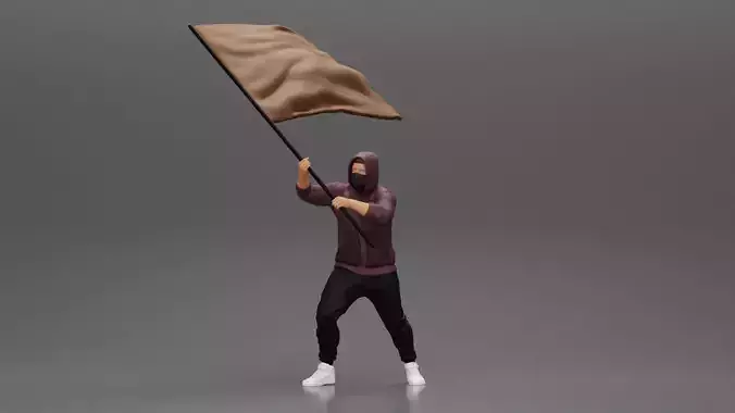 Man in hoodie and mask holding a big flag in support