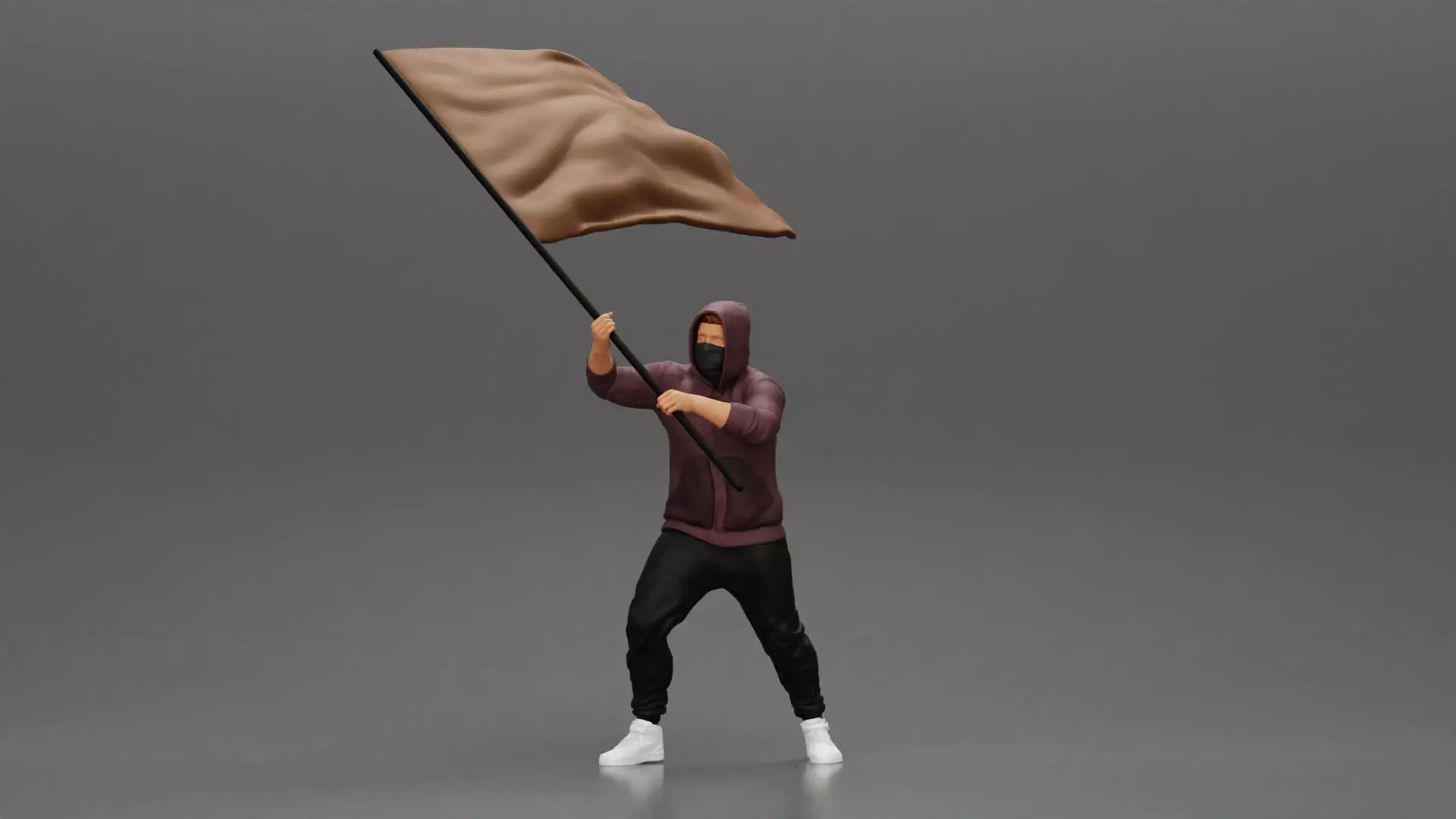 Man in hoodie and mask holding a big flag in support 3D print model_0