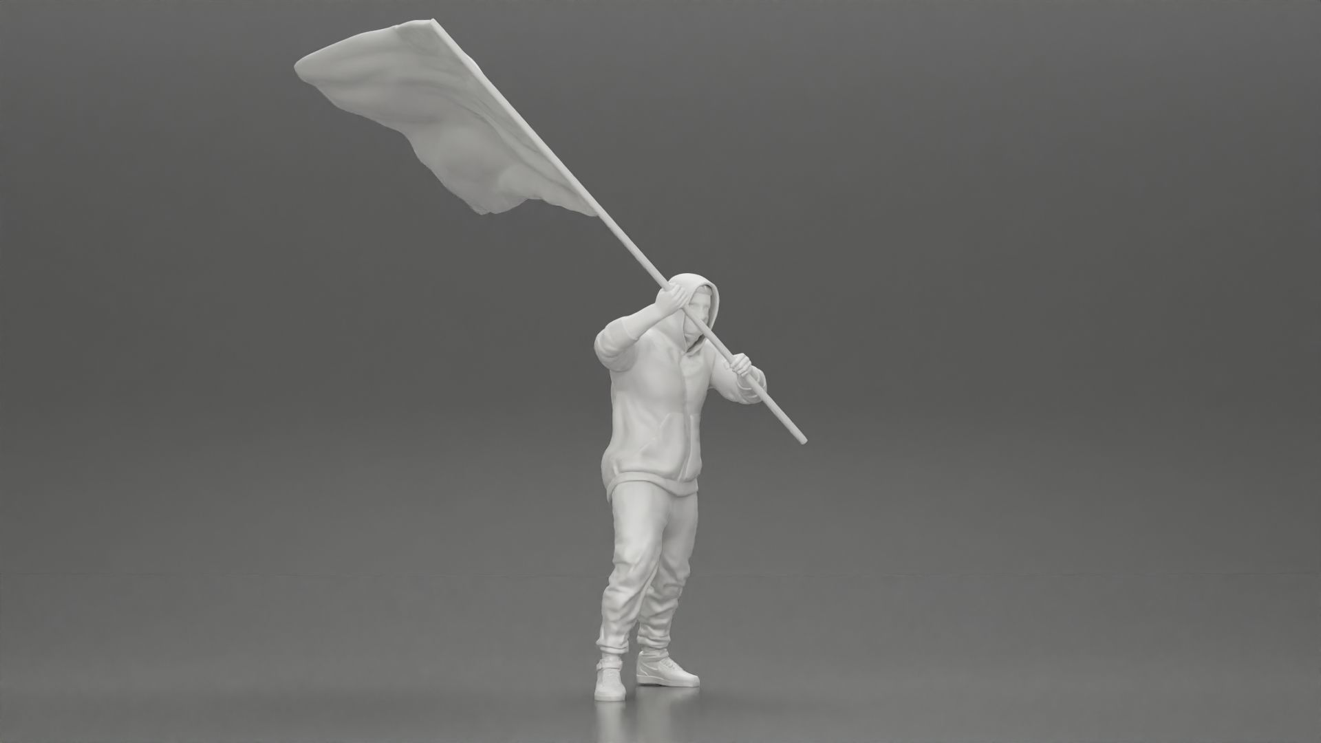 Man in hoodie and mask holding a big flag in support 3D print model_13