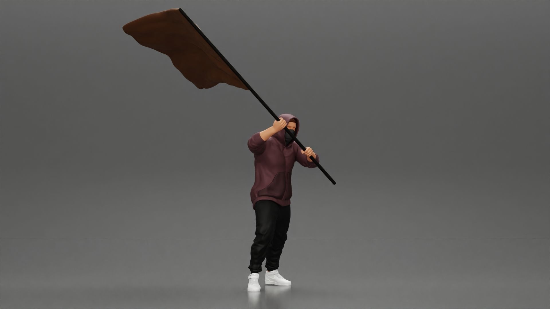 Man in hoodie and mask holding a big flag in support 3D print model_1