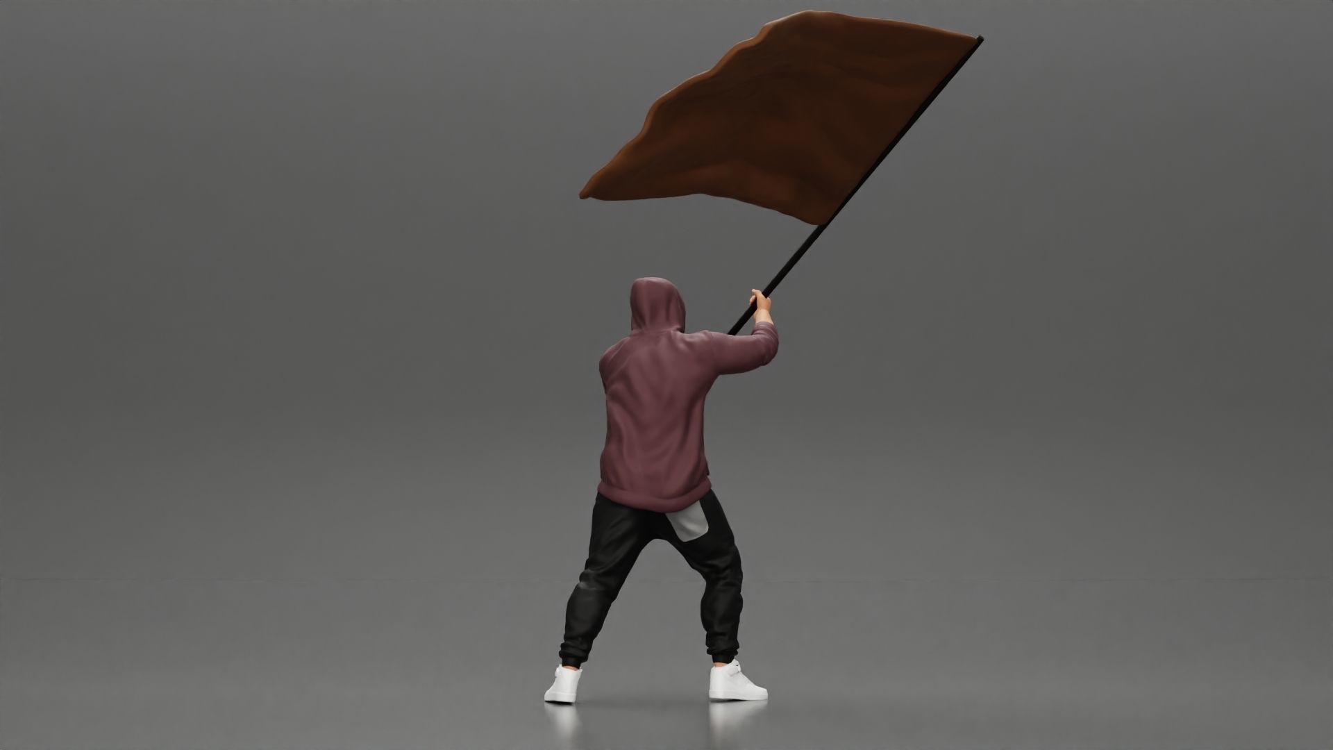 Man in hoodie and mask holding a big flag in support 3D print model_3