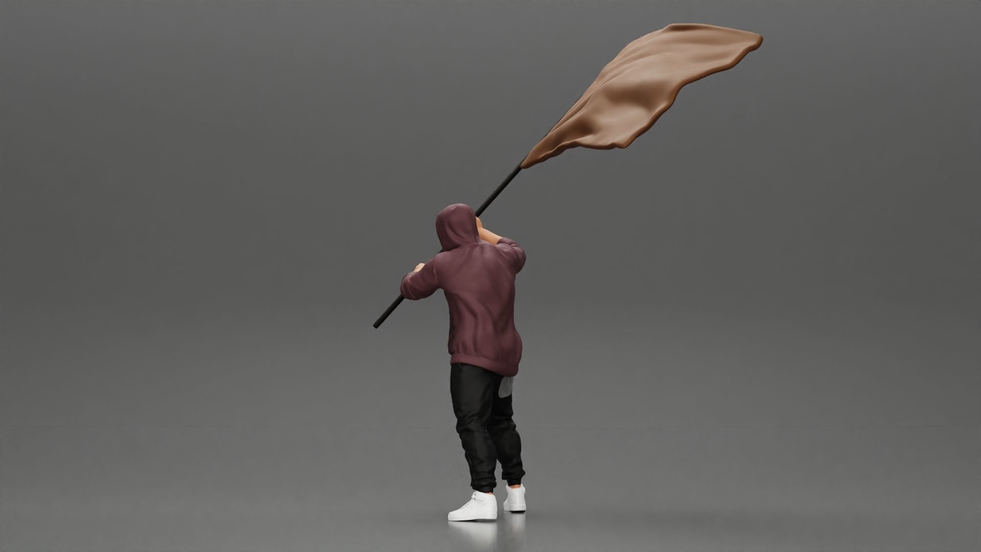 Man in hoodie and mask holding a big flag in support 3D print model_4
