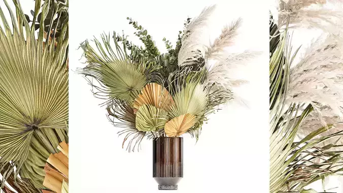 Bouquet of dried flowers vase glass palm leaf branch pampas 304