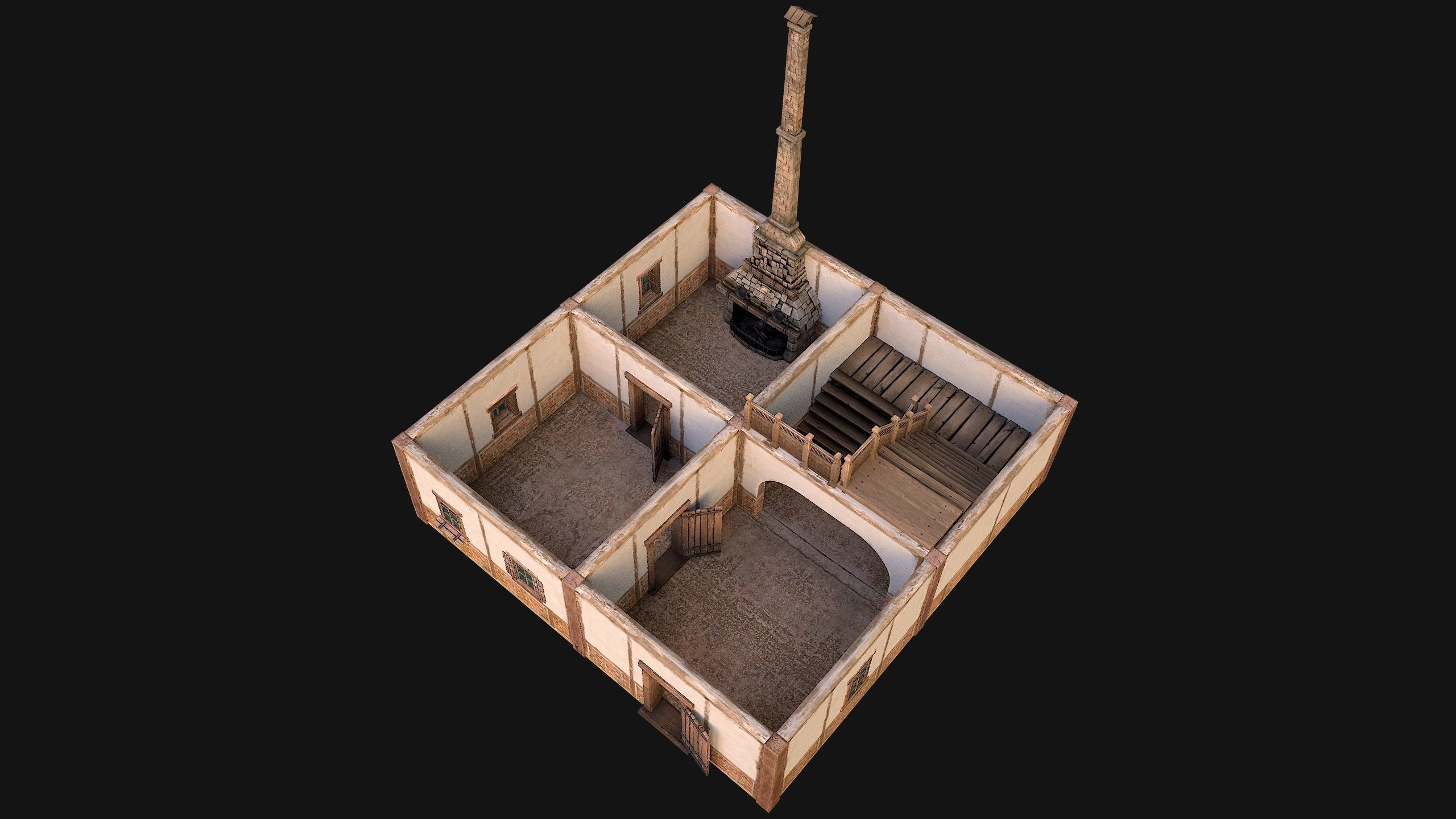 Medieval Two Storey House Low-poly 3D model_10