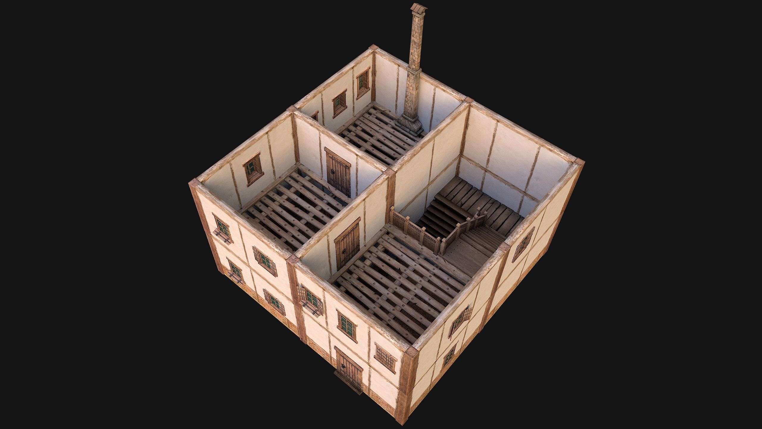 Medieval Two Storey House Low-poly 3D model_7
