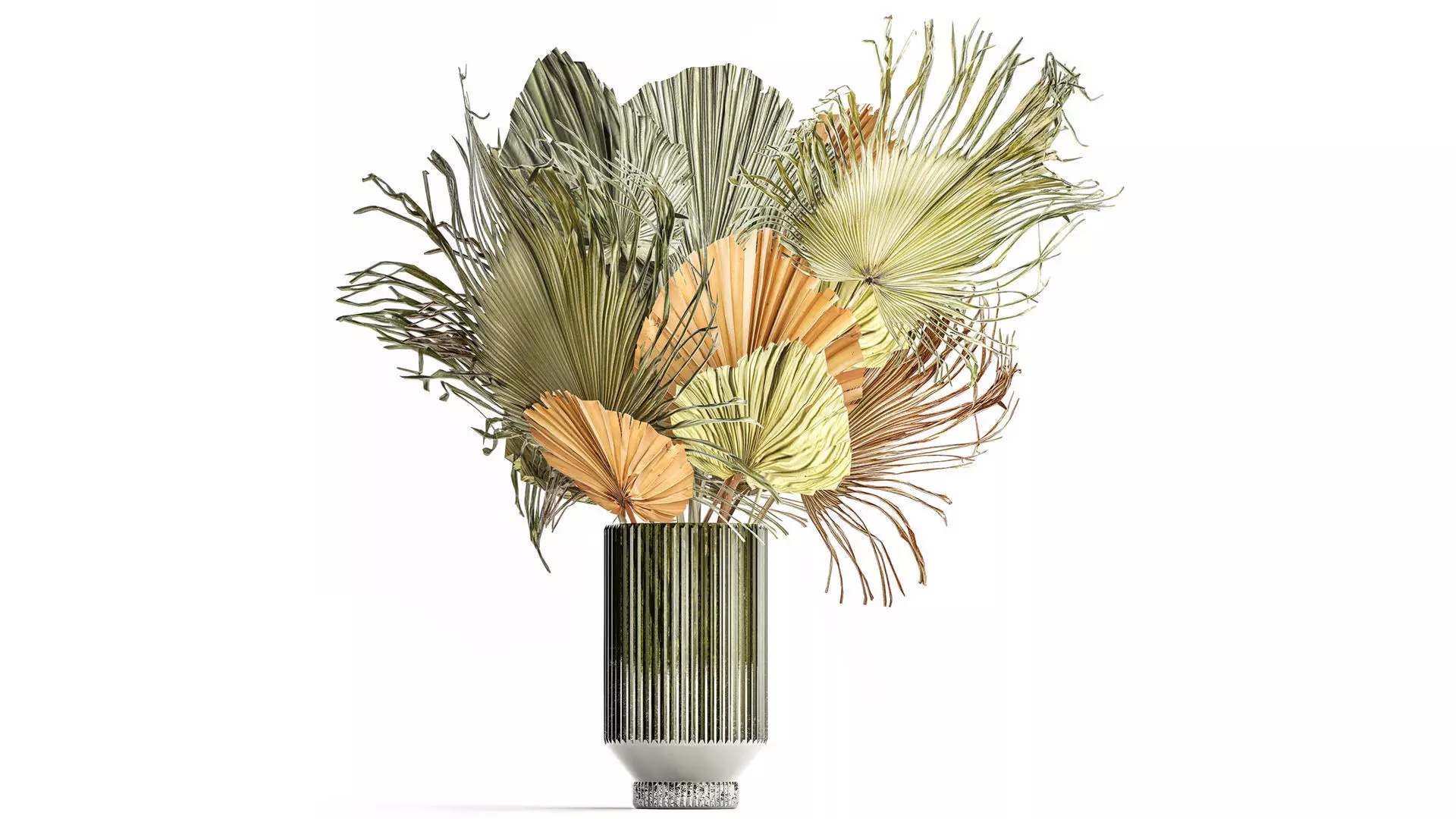 bouquet of dried flowers vase glass palm leaf branch 305 3D model