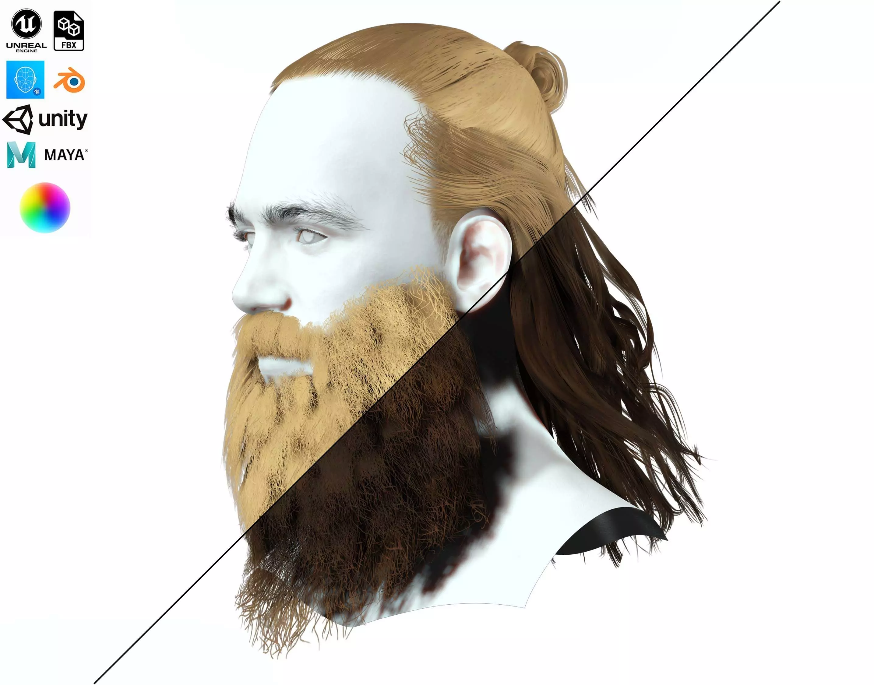 Half Bun And Long Male Hair Low-poly 3D model_0