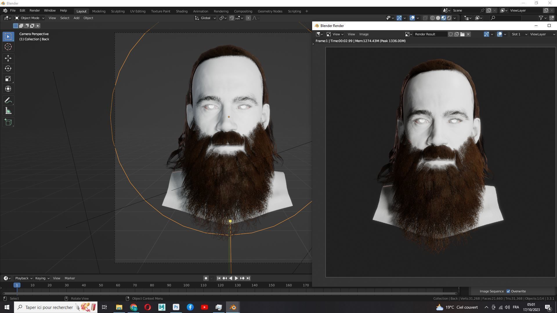 Half Bun And Long Male Hair Low-poly 3D model_19