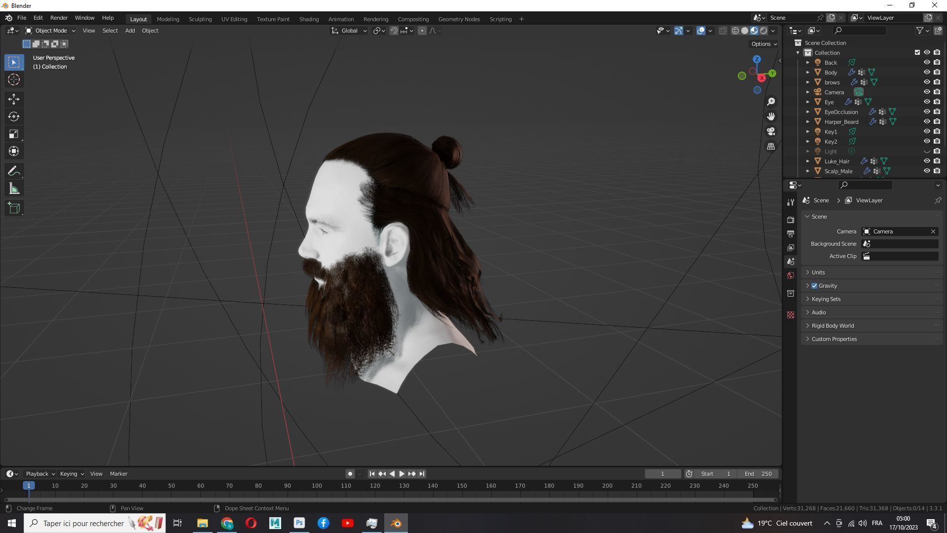 Half Bun And Long Male Hair Low-poly 3D model_18