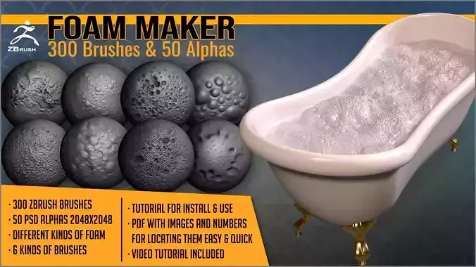 Foam Maker 300 ZBrush Brushes and 50 Alphas Texture