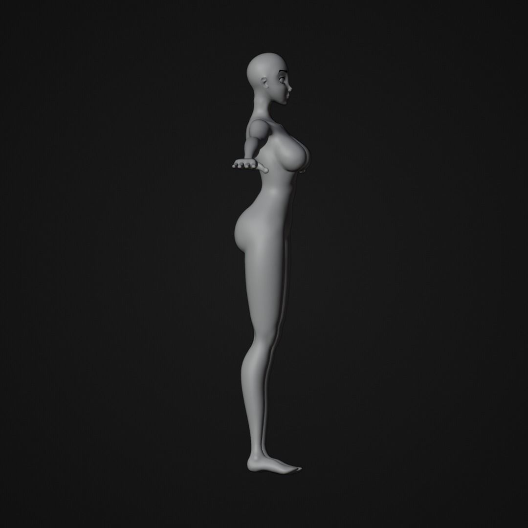 Stylized Female character base mesh with hair and eyes Low-poly 3D model_8