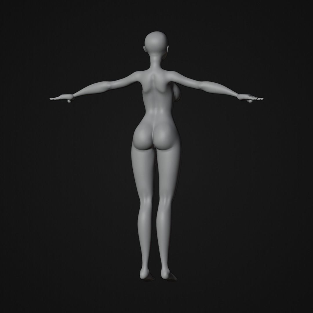 Stylized Female character base mesh with hair and eyes Low-poly 3D model_10
