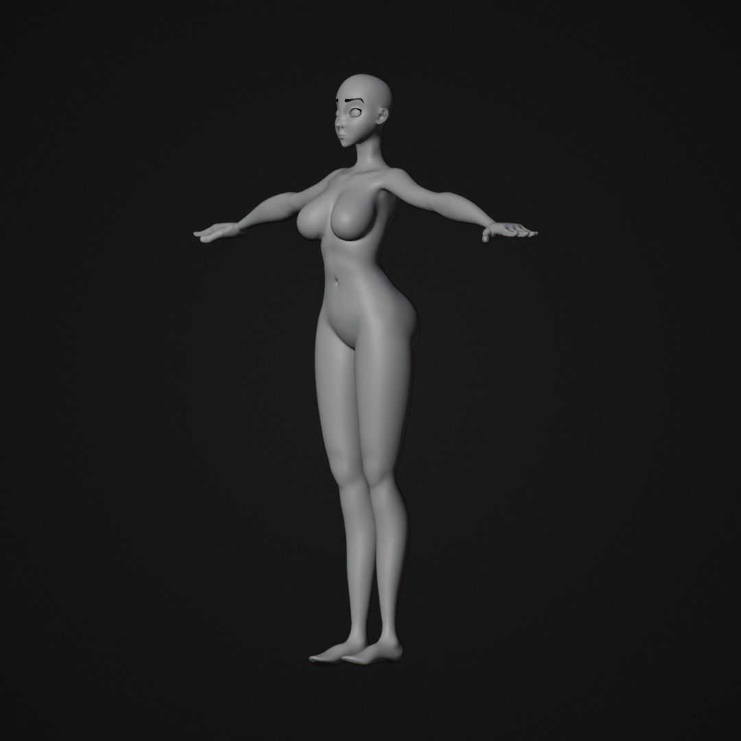 Stylized Female character base mesh with hair and eyes Low-poly 3D model_16