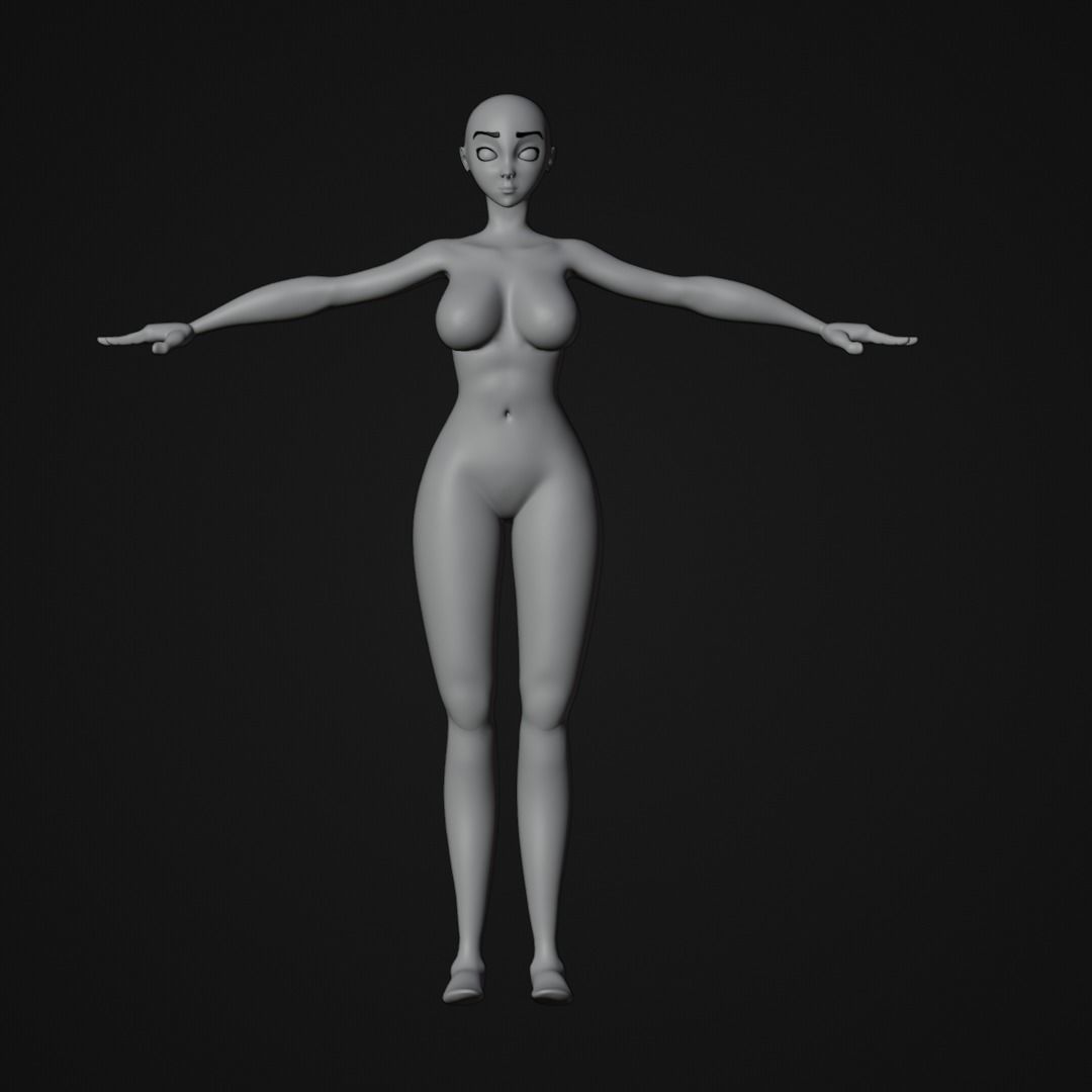 Stylized Female character base mesh with hair and eyes Low-poly 3D model_19