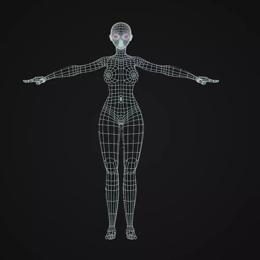 Stylized Female character base mesh with hair and eyes Low-poly 3D model_0