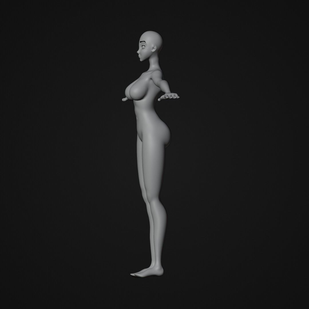 Stylized Female character base mesh with hair and eyes Low-poly 3D model_15