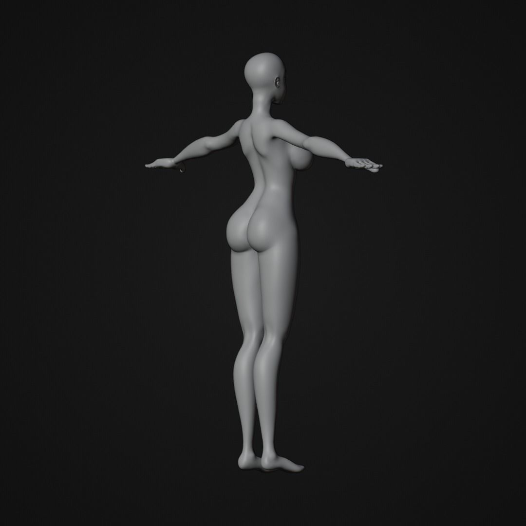Stylized Female character base mesh with hair and eyes Low-poly 3D model_9