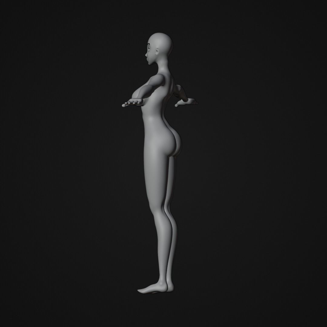 Stylized Female character base mesh with hair and eyes Low-poly 3D model_13