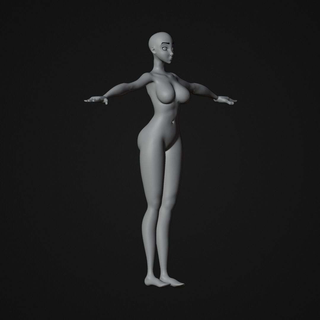 Stylized Female character base mesh with hair and eyes Low-poly 3D model_6
