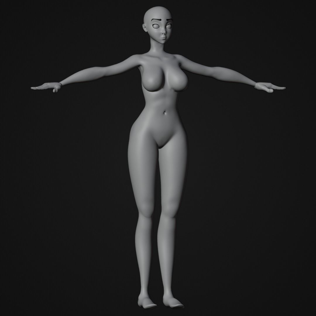 Stylized Female character base mesh with hair and eyes Low-poly 3D model_5