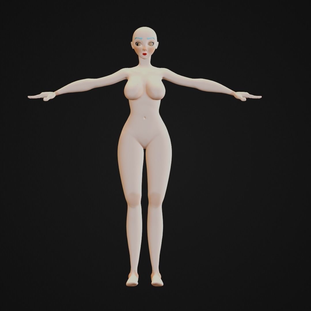 Stylized Female character base mesh with hair and eyes Low-poly 3D model_1