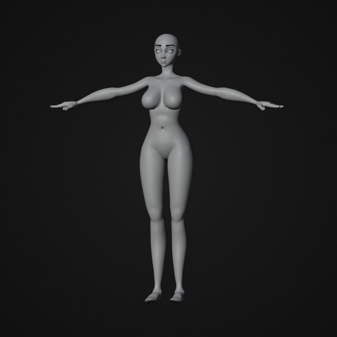 Stylized Female character base mesh with hair and eyes Low-poly 3D model_18