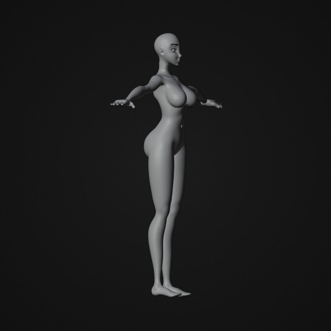Stylized Female character base mesh with hair and eyes Low-poly 3D model_7