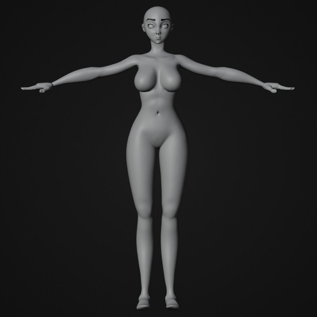 Stylized Female character base mesh with hair and eyes Low-poly 3D model_4
