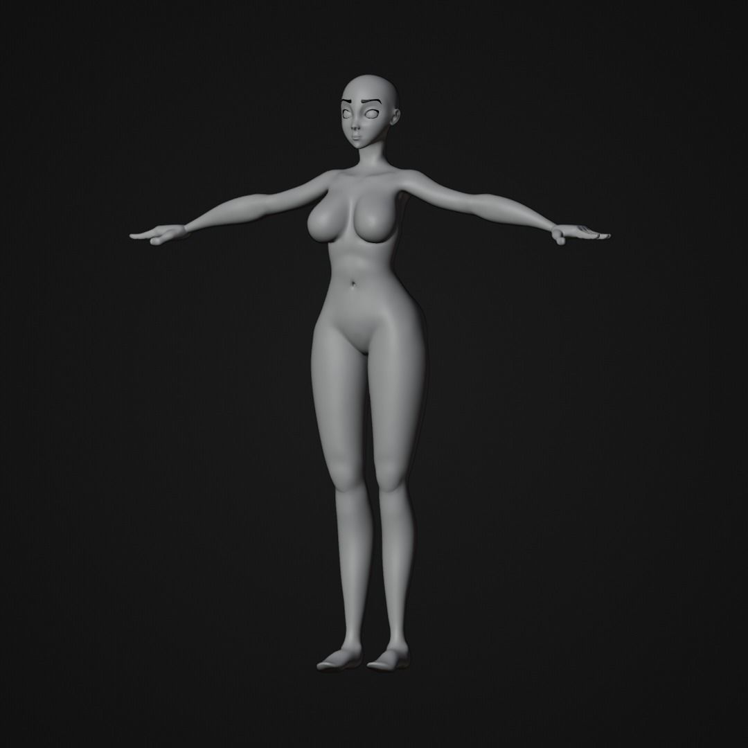 Stylized Female character base mesh with hair and eyes Low-poly 3D model_17