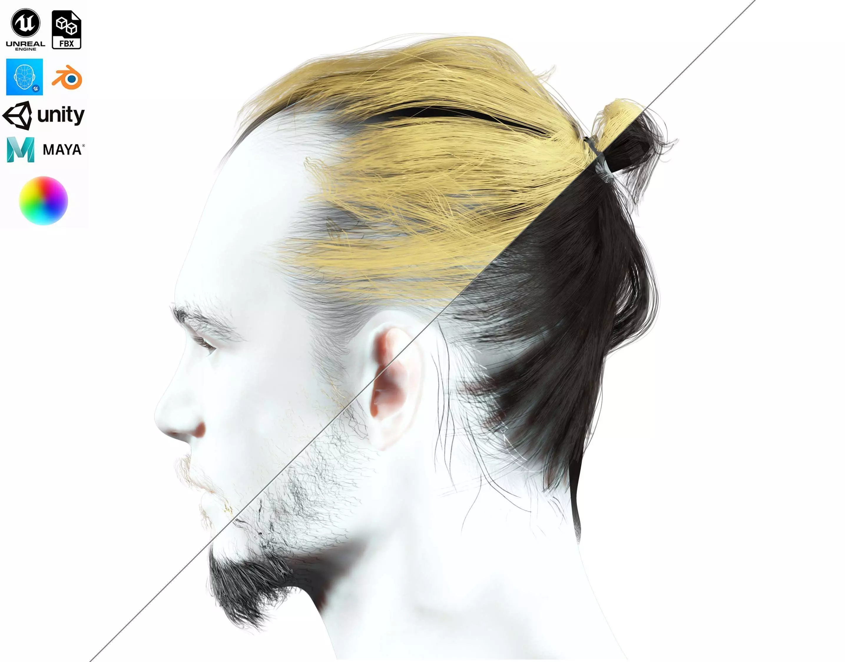 Bun Man - Asiatique Hair Low-Poly Low-poly 3D model_0