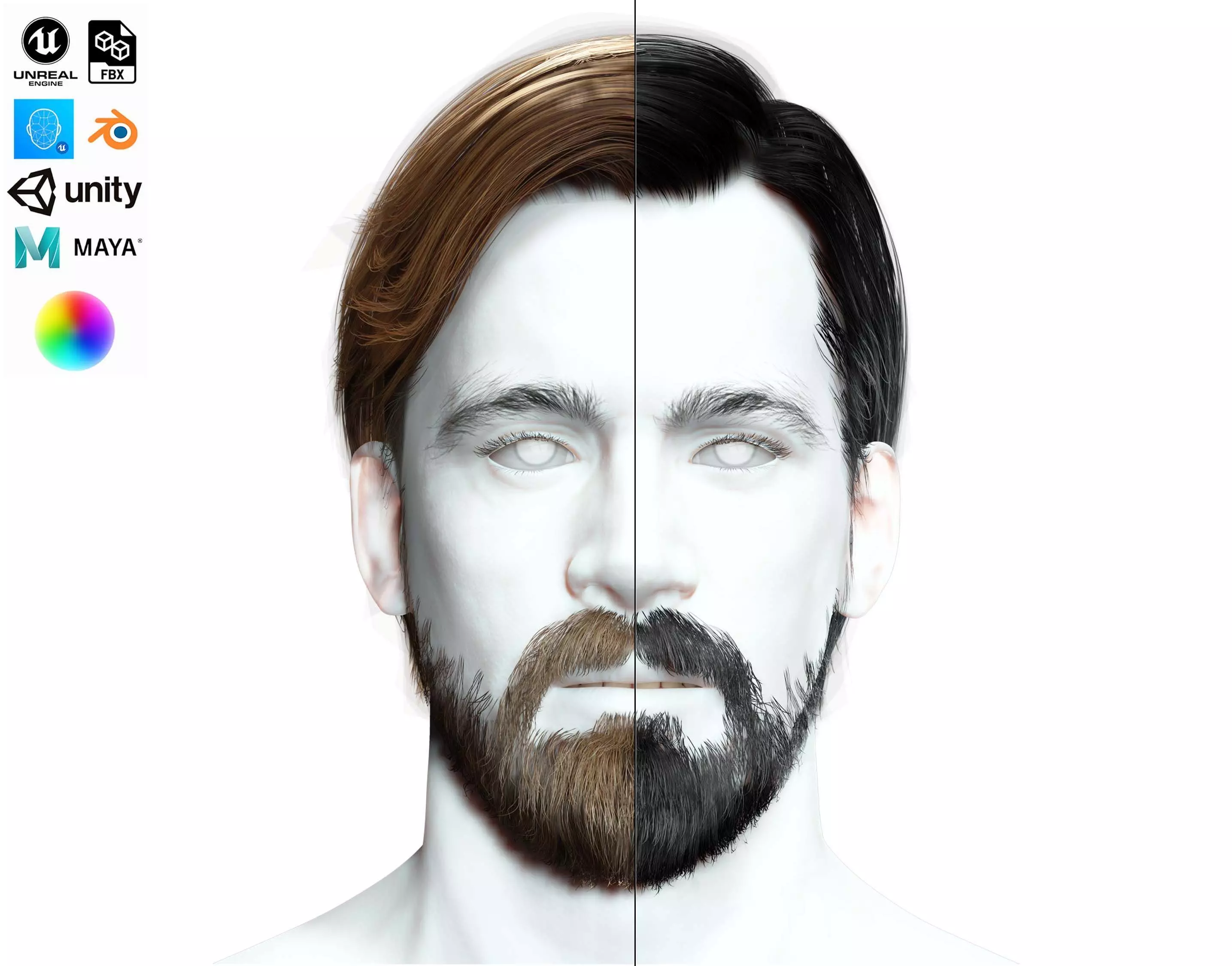 Classic Side Part Hair - Mustache - Beard Low-Poly Low-poly 3D model_0