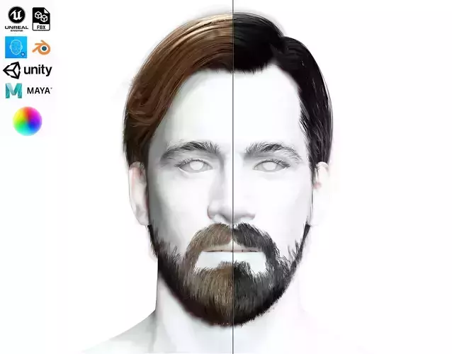 Classic Side Part Hair - Mustache - Beard Low-Poly Low-poly 3D model