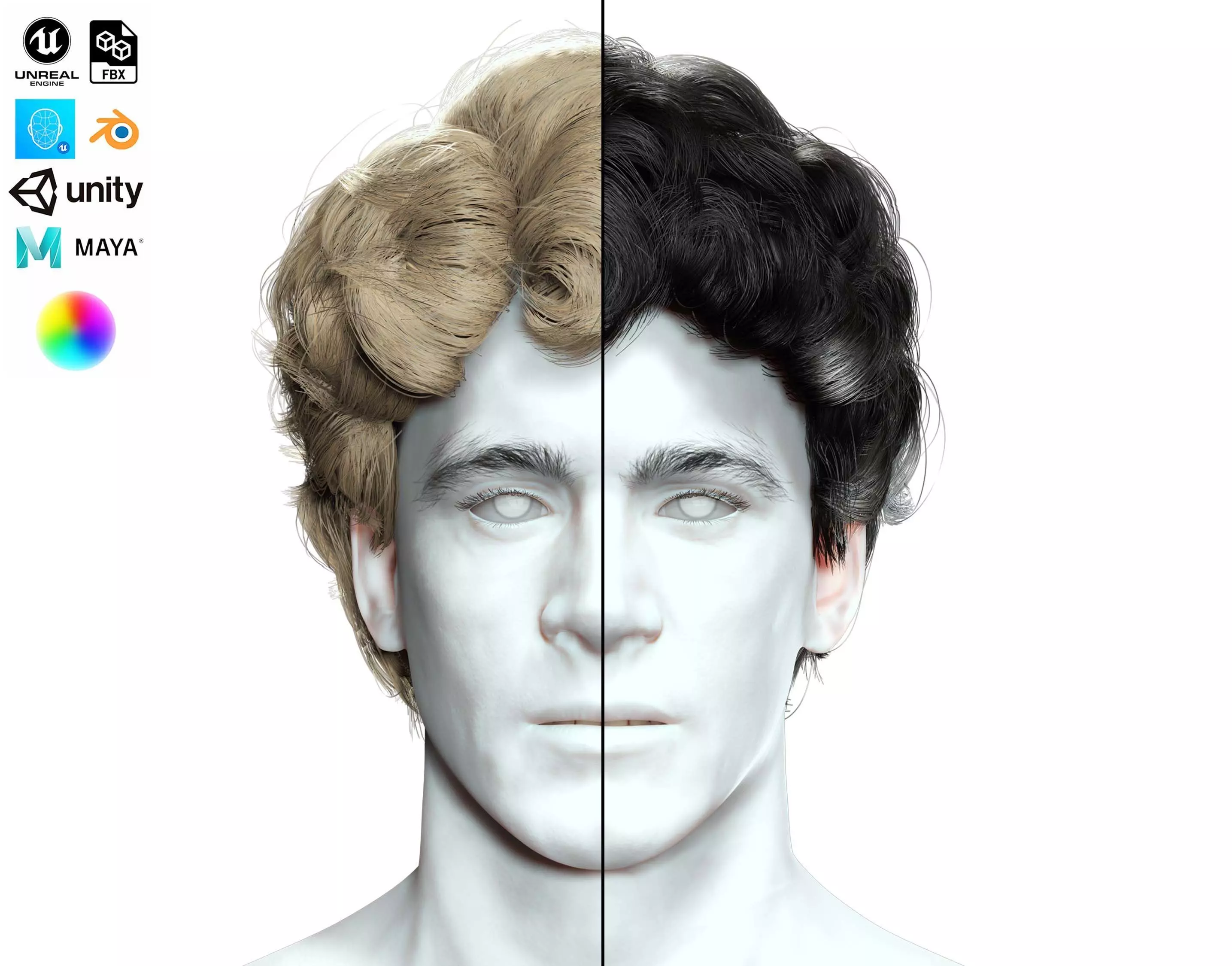 Wavy - Curly Man Hair Low-Poly 3D model_0