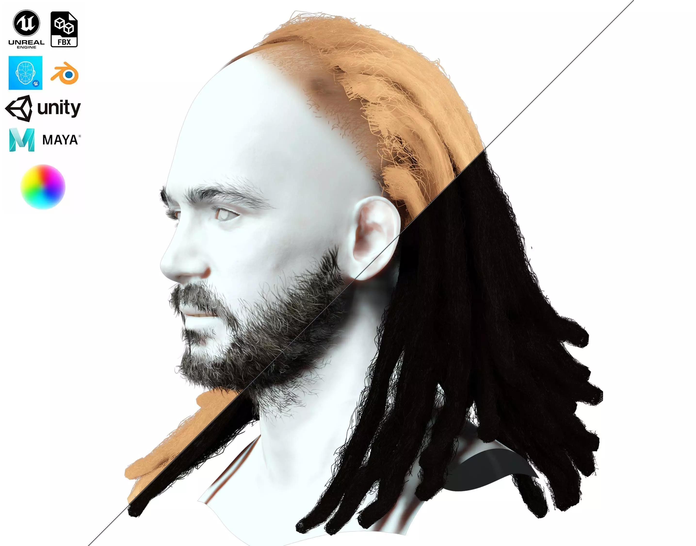 Long Hair Man - Dread Locks Low-poly 3D model_0