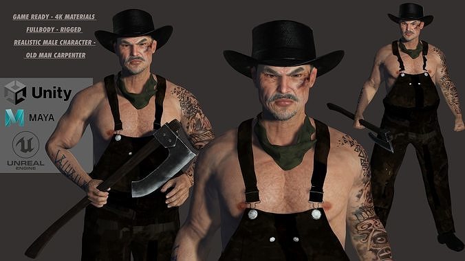AAA 3D REALISTIC CHARACTER - ASIAN OLD MAN CARPENTER Low-poly 3D model