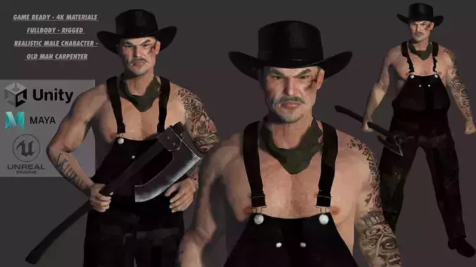 AAA 3D REALISTIC CHARACTER - ASIAN OLD MAN CARPENTER Low-poly 3D model