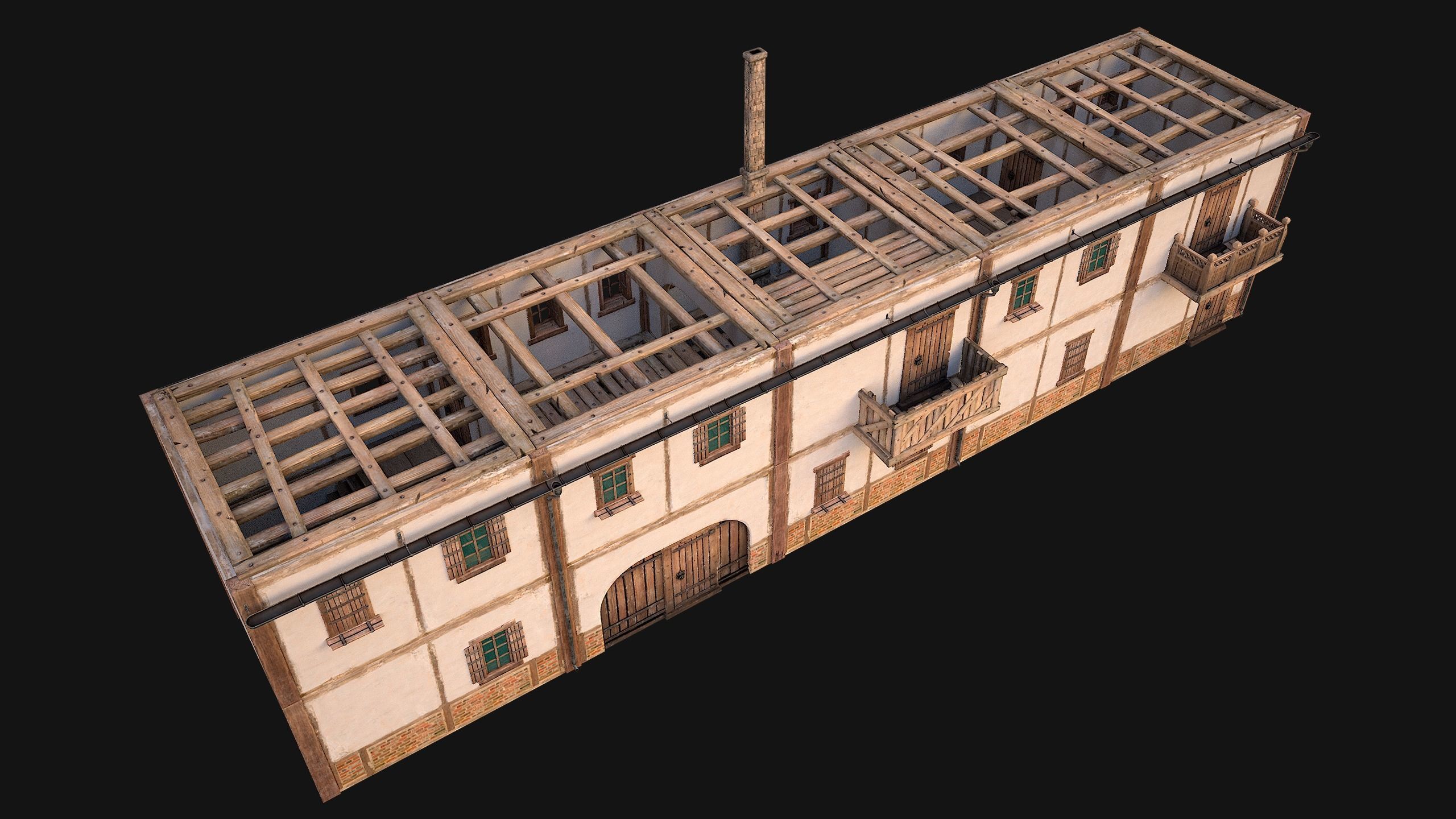 Medieval house with balcony Low-poly 3D model_5