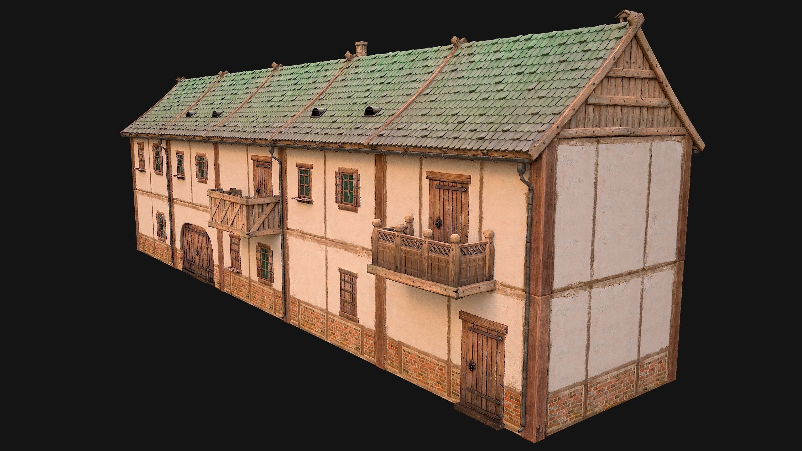 Medieval house with balcony Low-poly 3D model_13