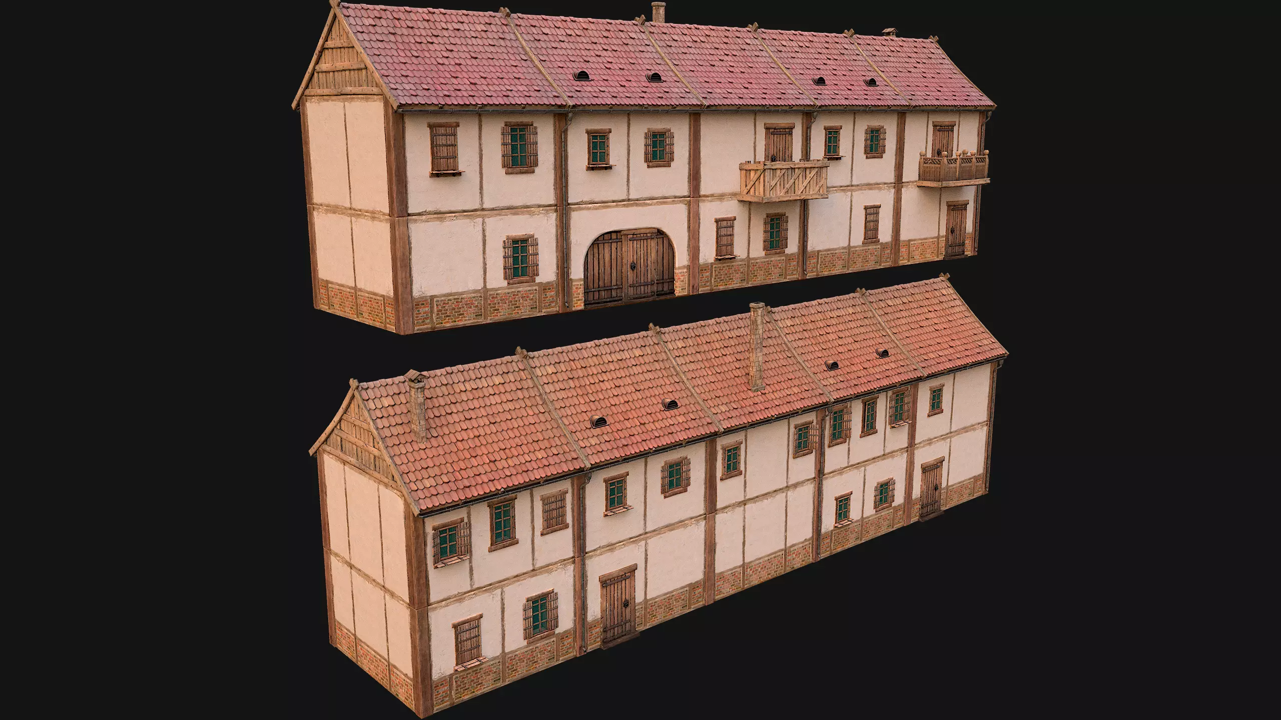 Medieval house with balcony Low-poly 3D model_0