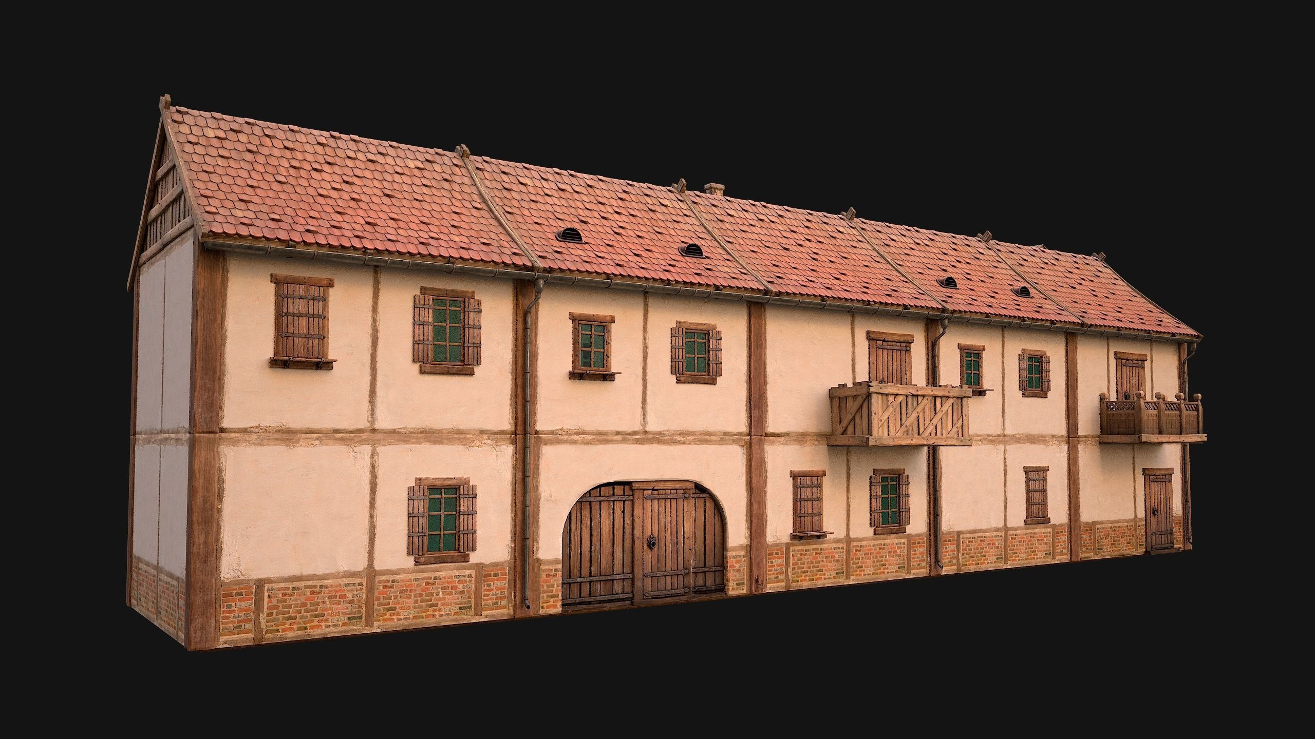 Medieval house with balcony Low-poly 3D model_9