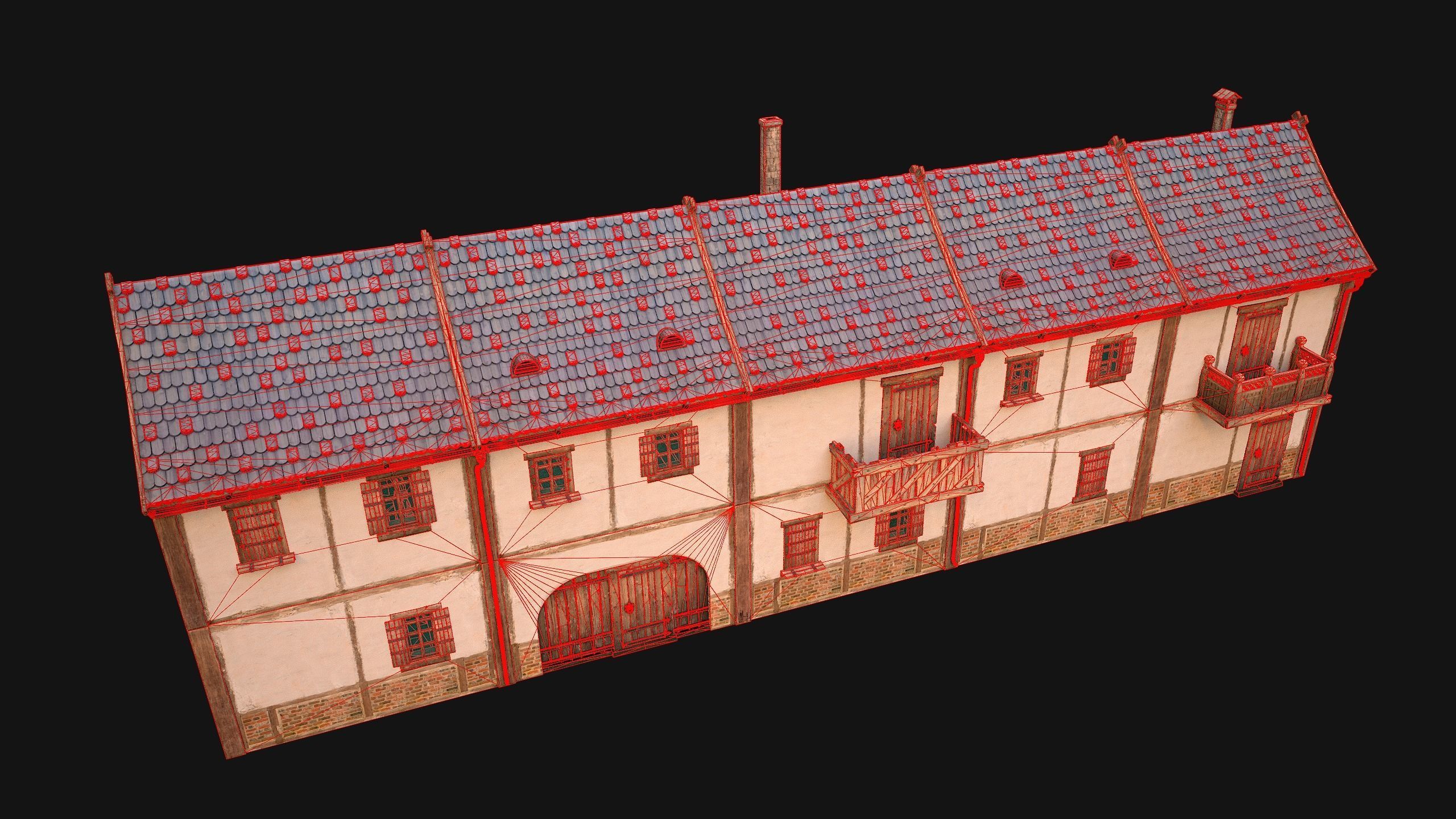 Medieval house with balcony Low-poly 3D model_28