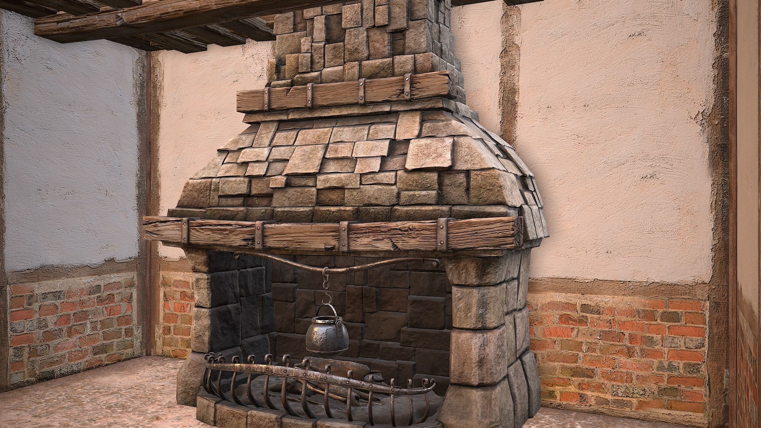 Medieval house with balcony Low-poly 3D model_26