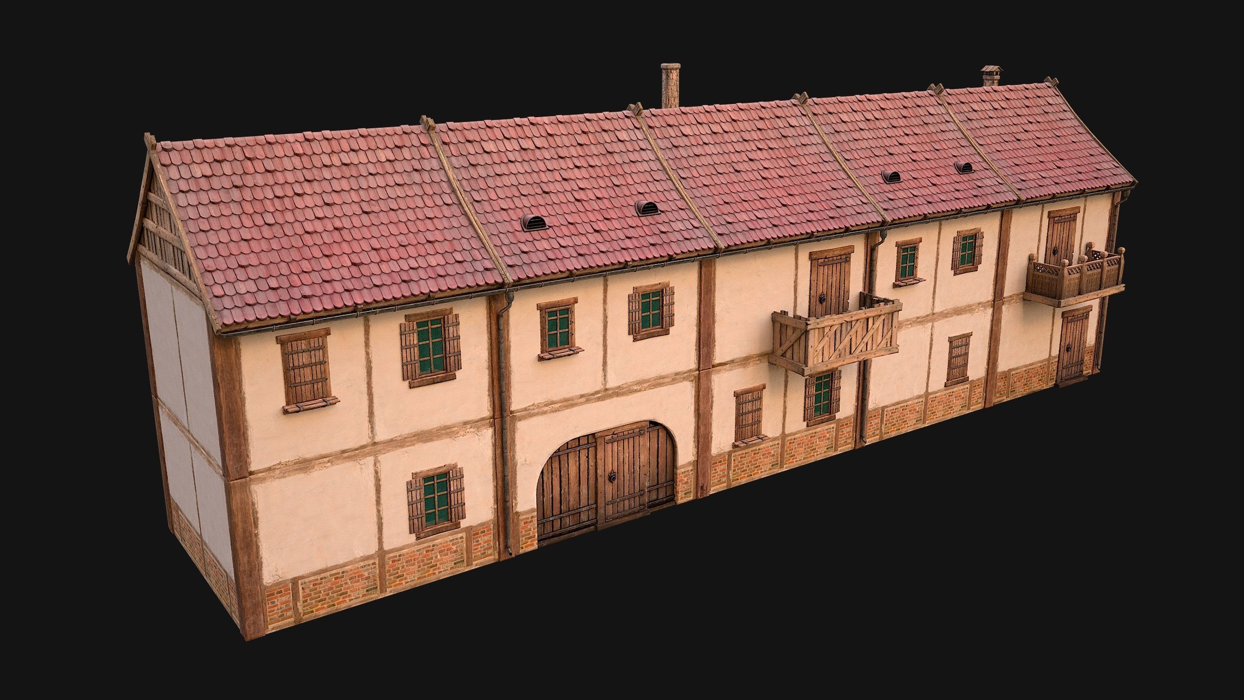 Medieval house with balcony Low-poly 3D model_4