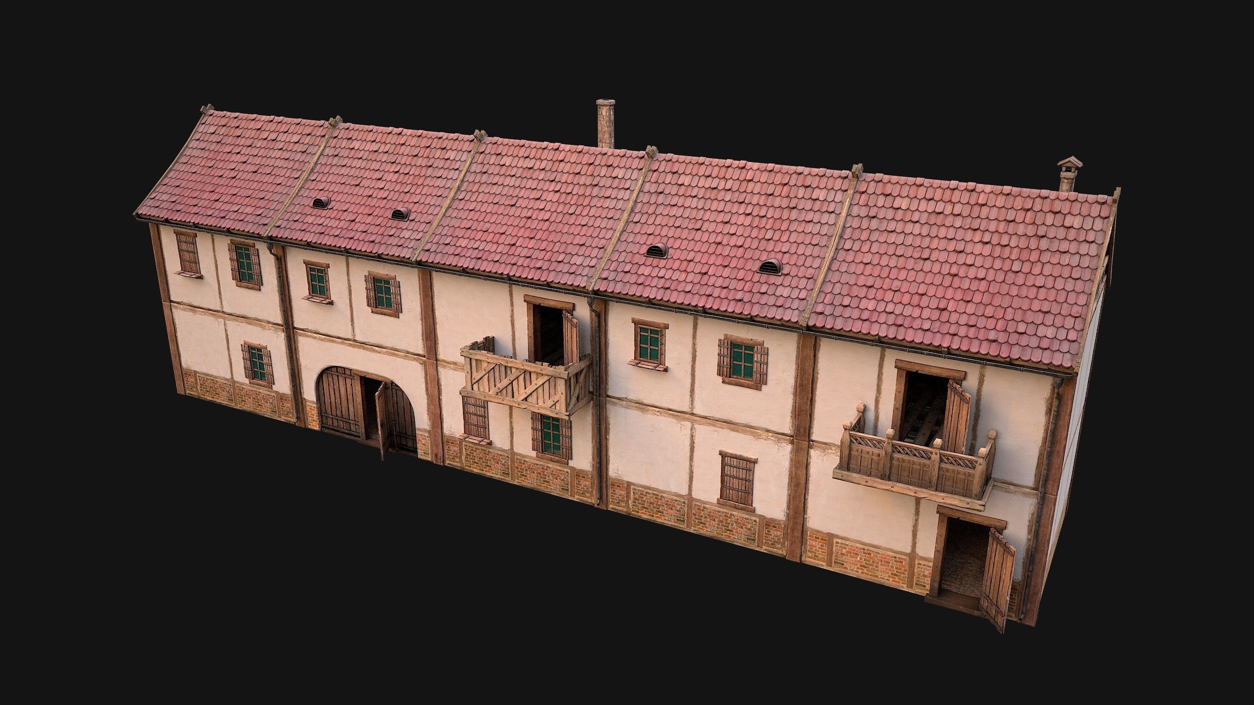 Medieval house with balcony Low-poly 3D model_25