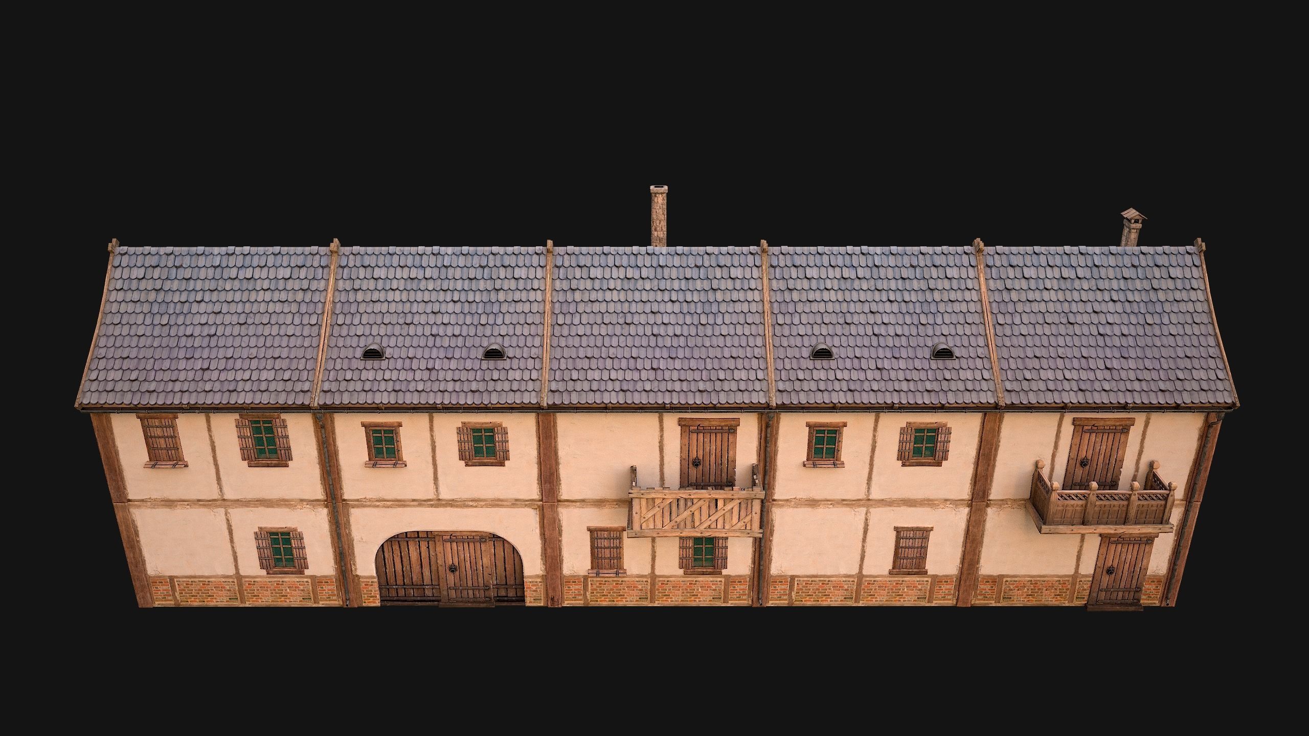 Medieval house with balcony Low-poly 3D model_10