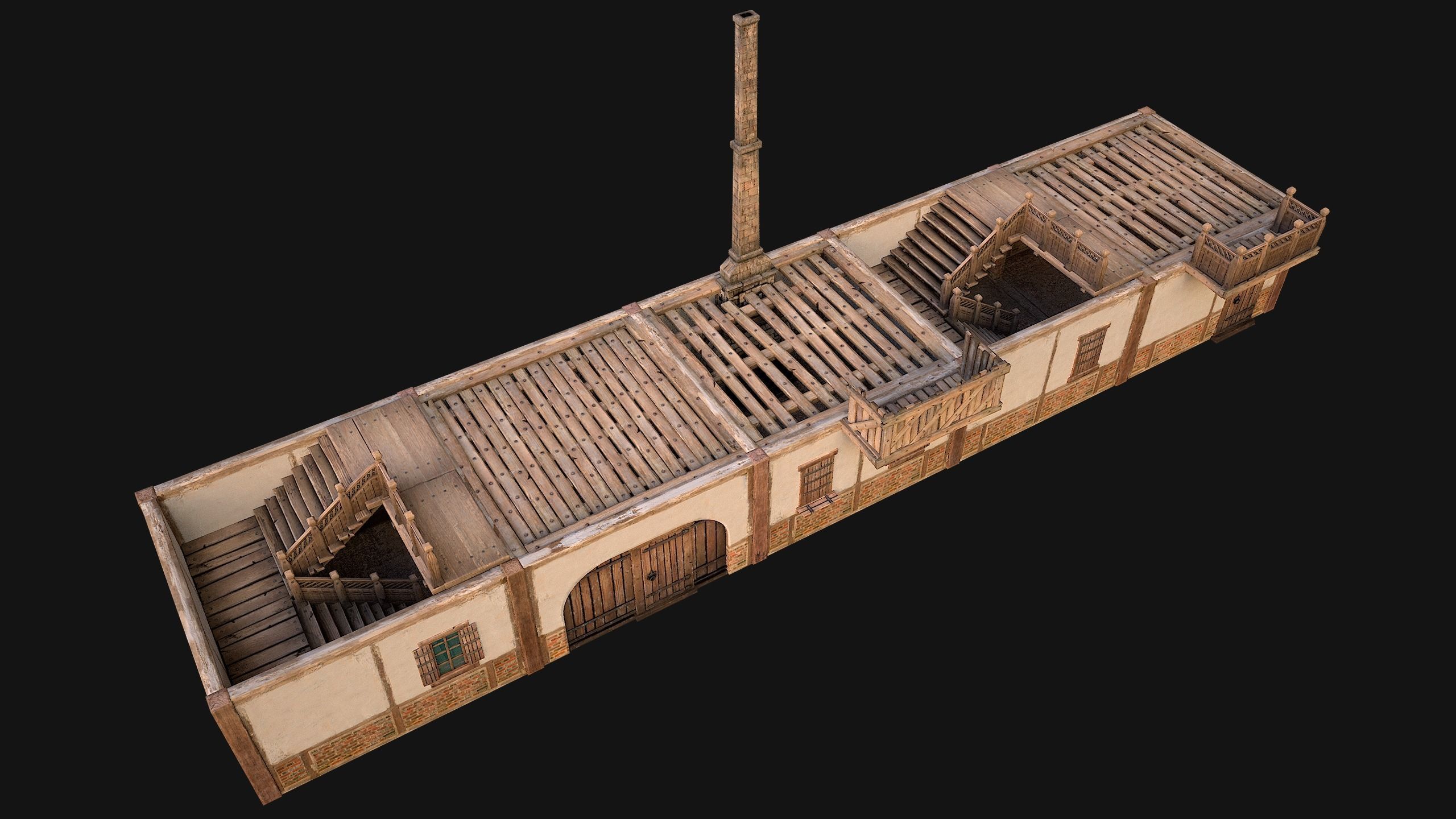 Medieval house with balcony Low-poly 3D model_7