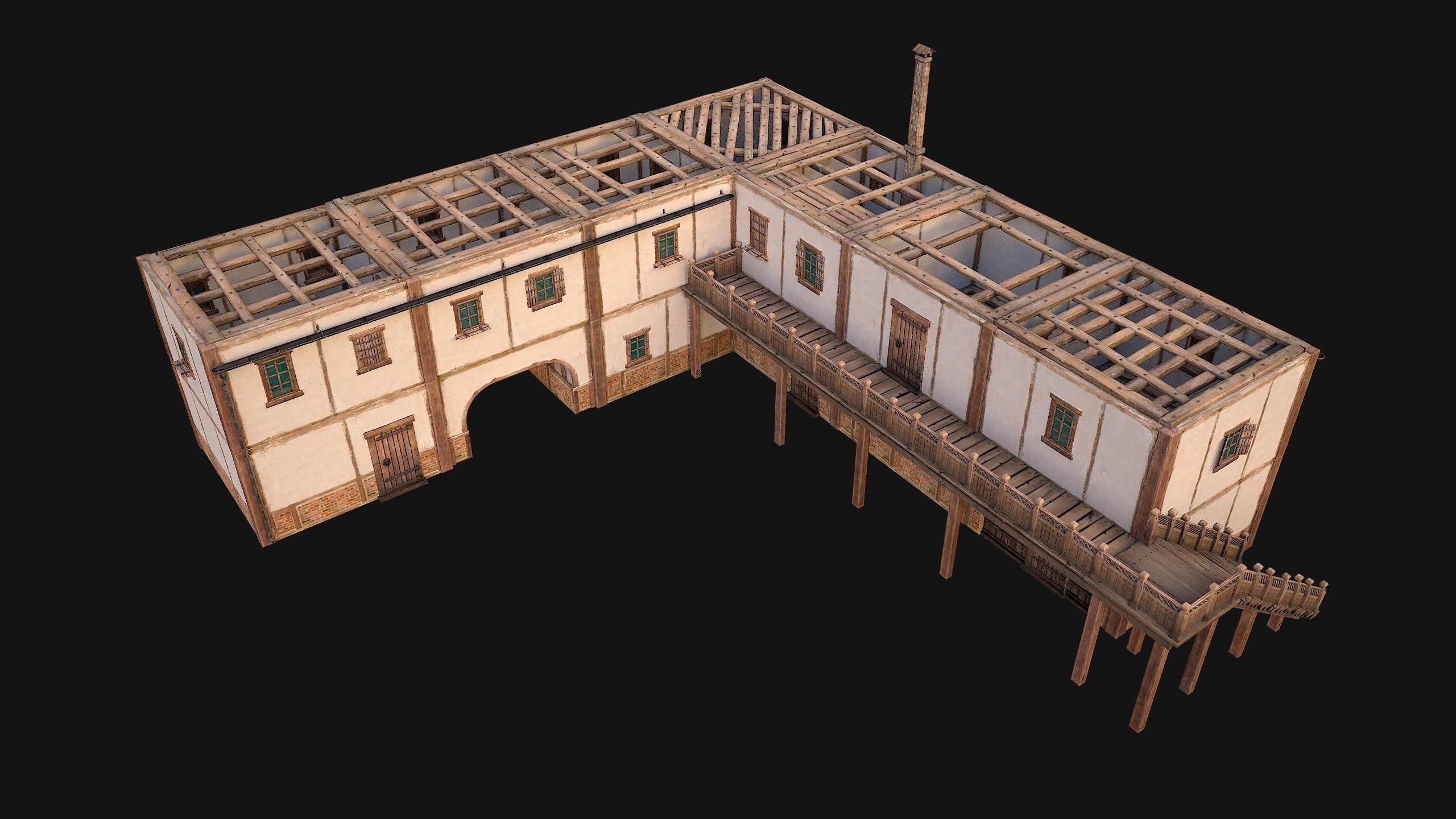 Medieval Town House with Staircase Low-poly 3D model_6