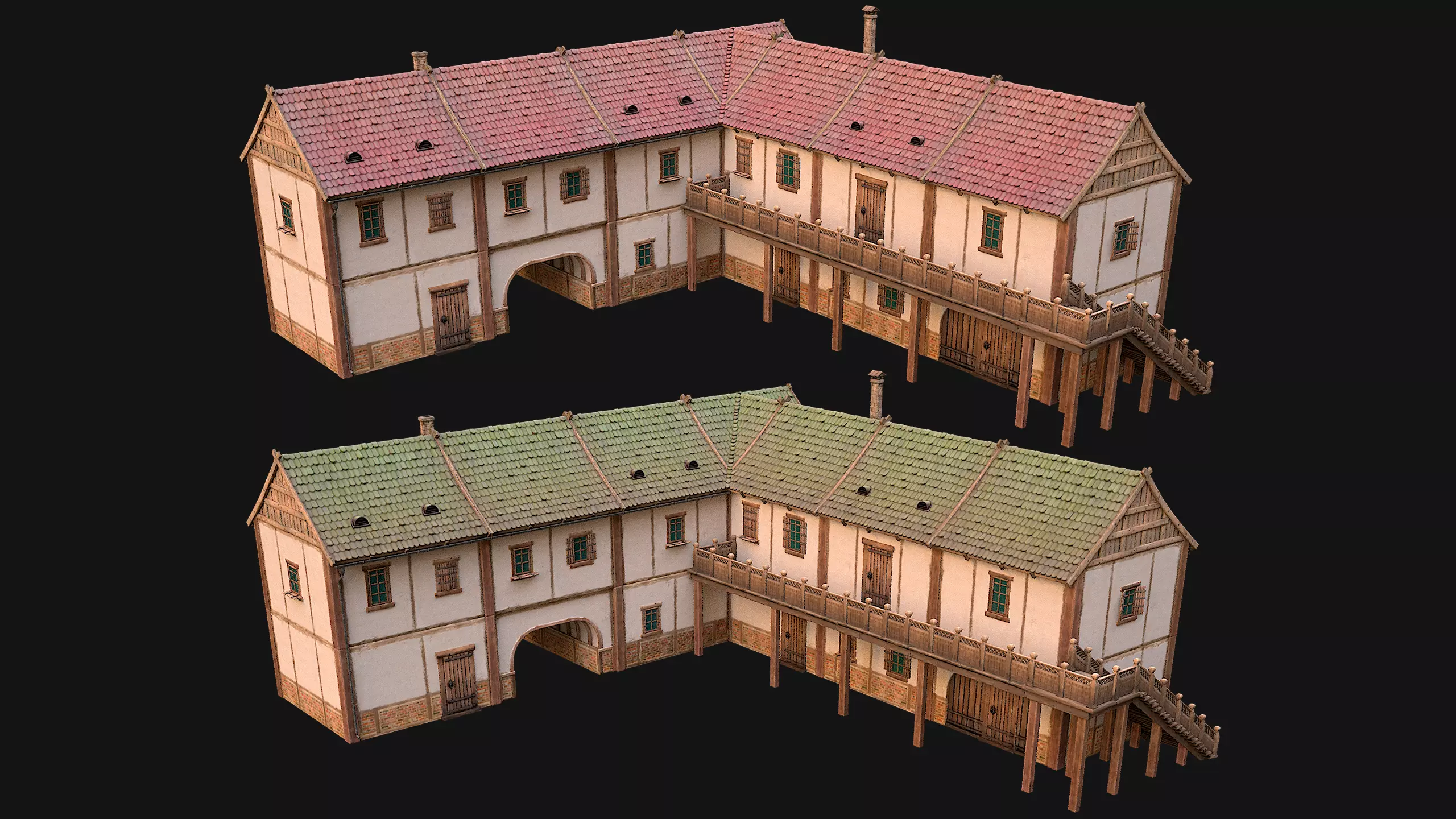 Medieval Town House with Staircase Low-poly 3D model_0
